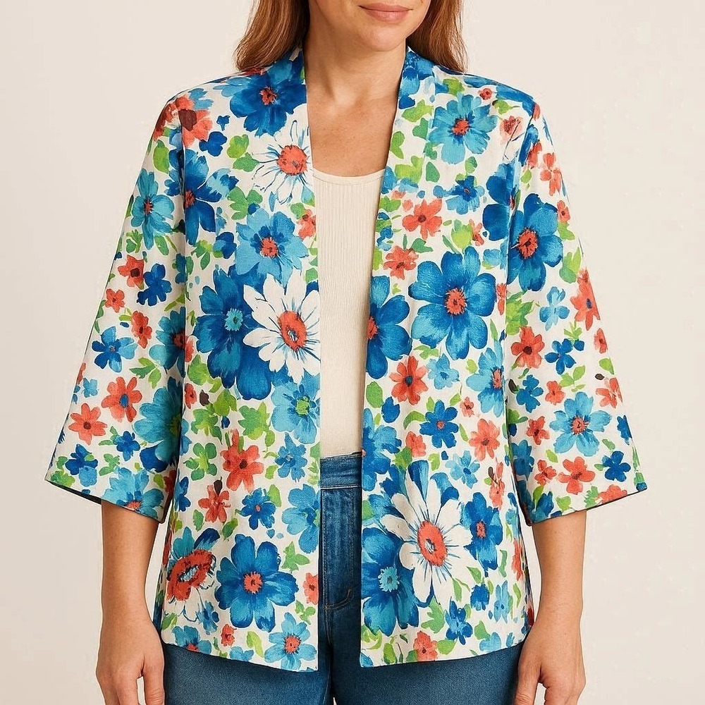 Vtg Women's Cardigan 3/4 Sleeve Open Floral Multicolor L Cottagecore Grandmacore